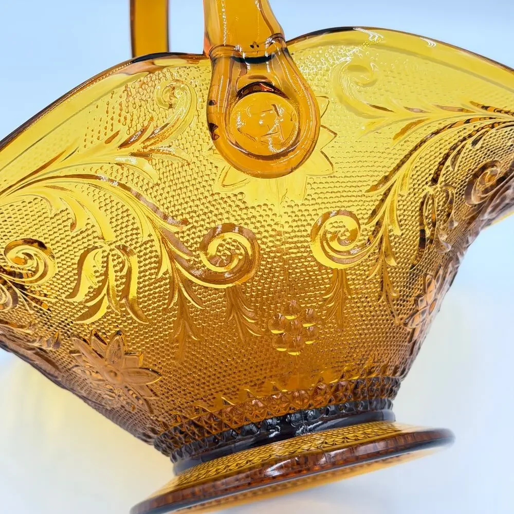 Brockway Indiana Glass Large Tiara Amber Sandwich Handled Basket Signed J.T.